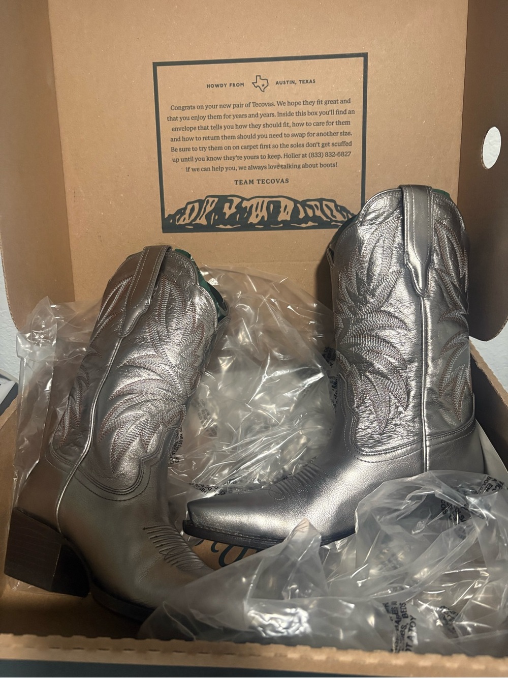 Tecovas Sadie Metallic Silver Embroidered Western Heeled Boots